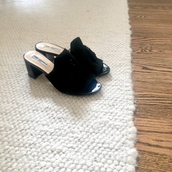Karl Lagerfeld Paris Hettie Suede Mules sandal heels black 6 - Picture 2 of 15